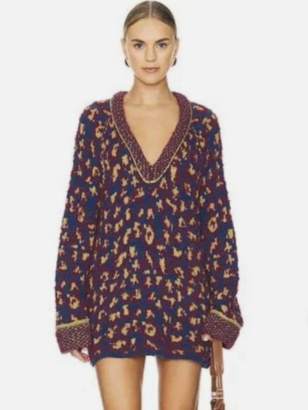 Free People Little Animal Pullover Sweater Blue Fig Leopard Oversized V-Neck XL